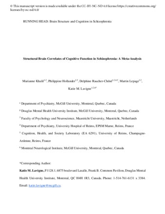 Structural brain correlates of cognitive function in schizophrenia: A meta-analysis thumbnail