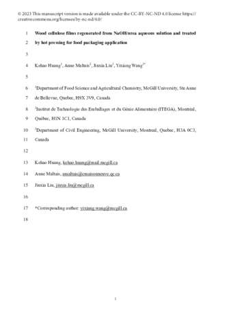 Wood cellulose films regenerated from NaOH/urea aqueous solution and treated by hot pressing for food packaging application thumbnail