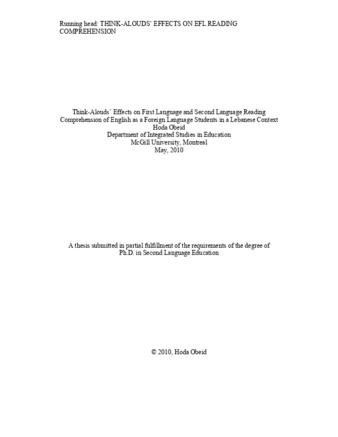 Think-alouds' effects on first language and second language reading comprehension of English as a foreign language students in a Lebanese context thumbnail