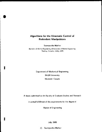 Algorithms for the kinematic control of redundant manipulators thumbnail