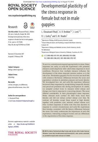 Developmental plasticity of the stress response in female but not in male guppies thumbnail