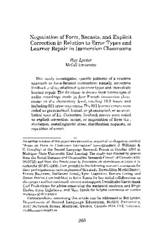 Negotiation of form, recasts, and explicit correction in relation to error types and learner repair in immersion classrooms thumbnail