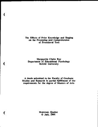 The effects of prior knowledge and staging on the processing and comprehension of procedural text / thumbnail