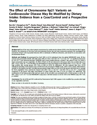 Effect of Chromosome 9p21 Variants on Cardiovascular Disease May Be Modified by Dietary Intake: Evidence from a Case/Control and a Prospective Study thumbnail