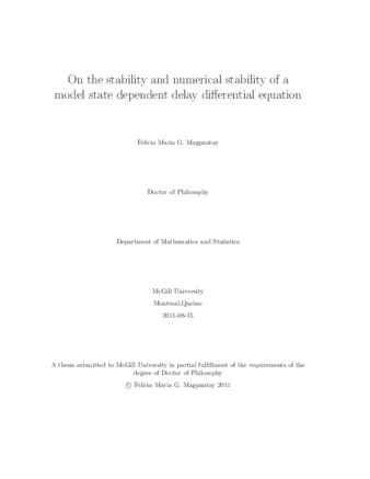 On the stability and numerical stability of a model state dependent delay differential equation thumbnail