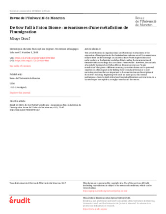 De Sow Fall à Fatou Diome : mécanismes d’une métafiction de l’immigration thumbnail