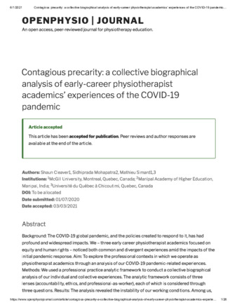 Contagious precarity: a collective biographical analysis of early-career physiotherapist academics’ experiences of the COVID-19 pandemic thumbnail