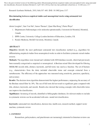 Discriminating between empirical studies and nonempirical works using automated text classification thumbnail