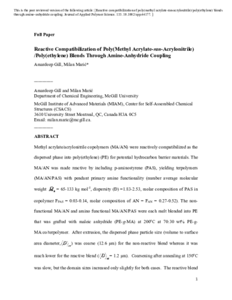 Reactive Compatibilization of Poly(Methyl Acrylate-ran-Acrylonitrile) /Poly(ethylene) Blends Through Amine-Anhydride Coupling thumbnail