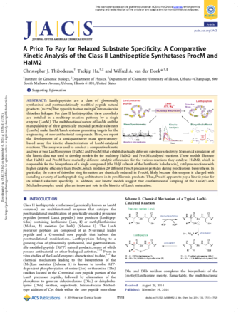 A price to pay for relaxed substrate specificity: a comparative kinetic analysis of the class II lanthipeptide synthetases ProcM and HalM2 thumbnail