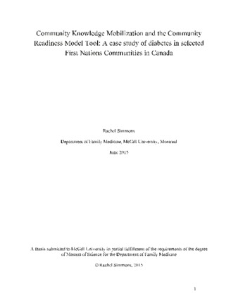 Community Knowledge Mobilization and the Community Readiness Model Tool: A case study of diabetes in selected First Nations Communities in Canada thumbnail