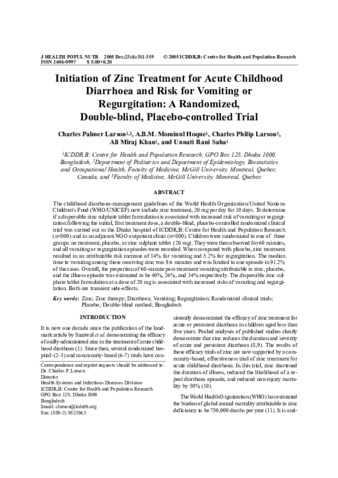 Initiation of zinc treatment for acute childhood diarrhoea and risk for vomiting or regurgitation: A randomized, double-blind, placebo-controlled trial thumbnail