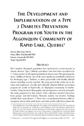 The Development and Implementation of a Type 2 Diabetes Prevention Program for Youth in the Algonquin Community of Rapid Lake, Quebec thumbnail