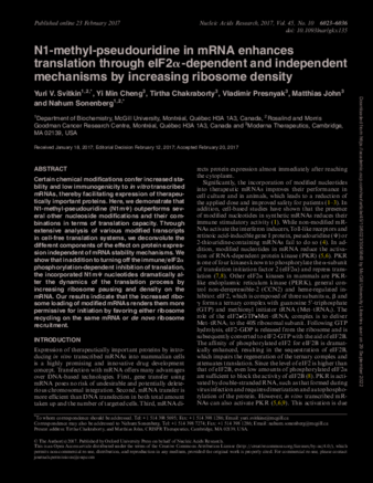 N1-methyl-pseudouridine in mRNA enhances translation through eIF2α-dependent and independent mechanisms by increasing ribosome density thumbnail