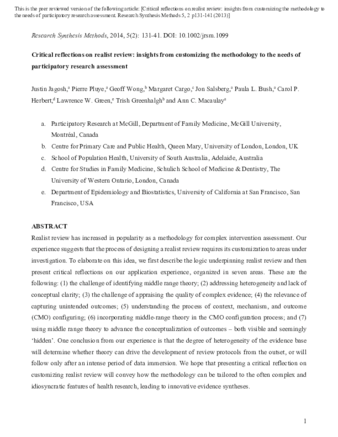 Critical reflections on realist review: insights from customizing the methodology to the needs of participatory research assessment thumbnail