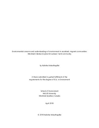 Environmental concerns and understandings of environment in racialized migrant communities: Montréal's Ilankai (Ceylon/Sri Lanka) Tamil Community thumbnail