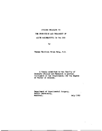 Studies relative to the production and treatment of acute pancreatitis in the dog. thumbnail