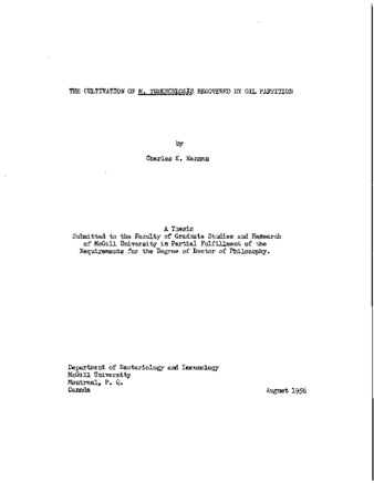 The cultivation of M. tuberculosis recovered by oil partition. thumbnail