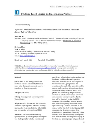 Reference Librarians use Electronic Sources Six Times More than Print Sources to Answer Patrons’ Questions thumbnail