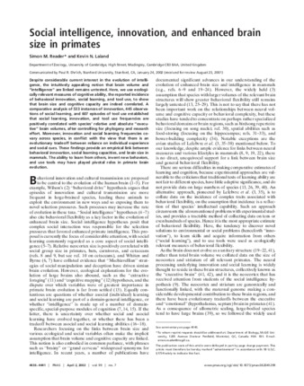 Social intelligence, innovation, and enhanced brain size in primates thumbnail