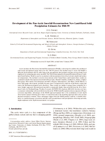 Development of the Pan-Arctic Snowfall Reconstruction: New Land-Based Solid Precipitation Estimates for 1940–99 thumbnail