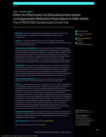 Effect of a Pharmacist-Led Educational Intervention on Inappropriate Medication Prescriptions in Older Adults The D-PRESCRIBE Randomized Clinical Trial thumbnail