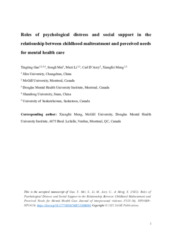 Roles of Psychological Distress and Social Support in the Relationship Between Childhood Maltreatment and Perceived Needs for Mental Health Care thumbnail