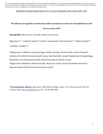 The influence of regulation of medically assisted reproduction on the risk of hospitalization in the first 2 years of life thumbnail