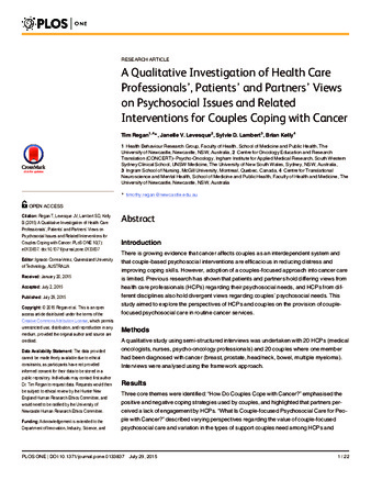 A Qualitative Investigation of Health Care Professionals’, Patients’ and Partners’ Views on Psychosocial Issues and Related Interventions for Couples Coping with Cancer thumbnail