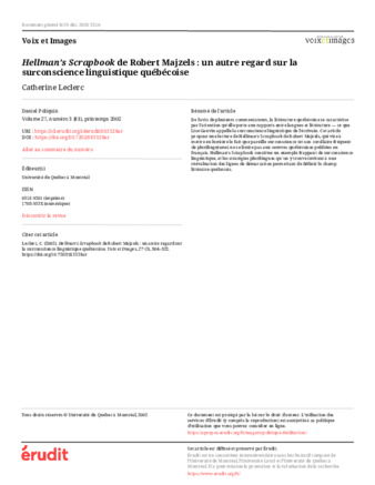 Hellman’s Scrapbook de Robert Majzels : un autre regard sur la surconscience linguistique québécoise thumbnail