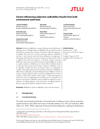 Factors influencing subjective walkability: Results from built environment audit data thumbnail