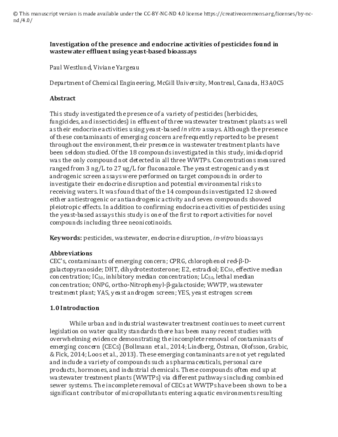 Investigation of the presence and endocrine activities of pesticides found in wastewater effluent using yeast-based bioassays thumbnail