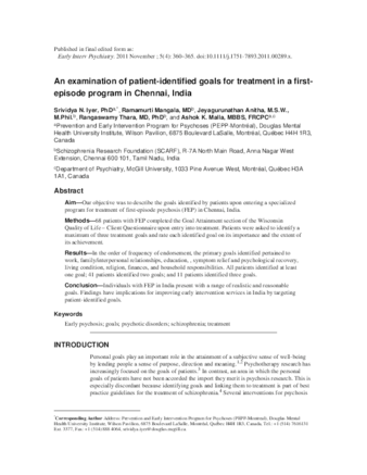 An examination of patient-identified goals for treatment in a firstepisode program in Chennai, India thumbnail