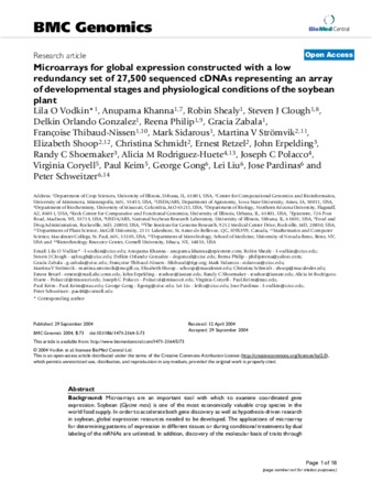 Microarrays for global expression constructed with a low redundancy set of 27,500 sequenced cDNAs representing an array of developmental stages and physiological conditions of the soybean plant thumbnail