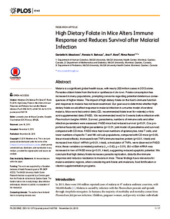 High Dietary Folate in Mice Alters Immune Response and Reduces Survival after Malarial Infection thumbnail