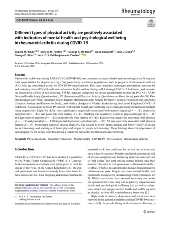 Different types of physical activity are positively associated with indicators of mental health and psychological wellbeing in rheumatoid arthritis during COVID-19 thumbnail