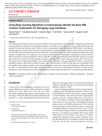 Using Deep Learning Algorithms to Automatically Identify the Brain MRI Contrast: Implications for Managing Large Databases thumbnail