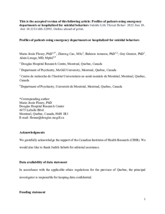 Profiles of patients using emergency departments or hospitalized for suicidal behaviors thumbnail