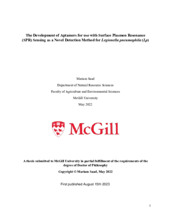 The development of aptamers for use with surface plasmon resonance (SPR) sensing as a novel detection method for legionella pneumophila (Lp) thumbnail