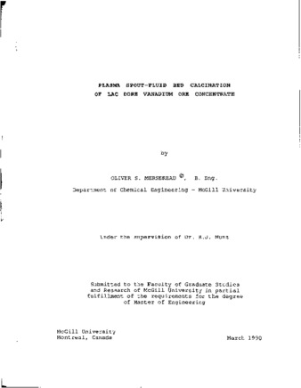 Plasma spout-fluid bed calcination of lac dore vanadium ore concentrate thumbnail