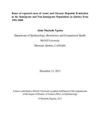 Rates of reported cases of acute and chronic Hepatitis B infection in the immigrant and non-immigrant populations in Quebec from 1991-2008 thumbnail