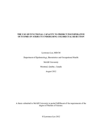 The use of functional capacity to predict postoperative outcomes in subjects undergoing colorectal resection thumbnail