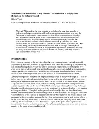 Nonsmoker and ‘Nonnicotine’ Hiring Policies: The Implications of Employment Restrictions for Tobacco Control thumbnail