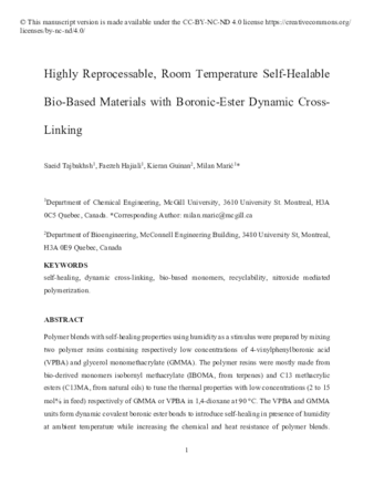 Highly Reprocessable, Room Temperature Self-Healable  Bio-Based Materials with Boronic-Ester Dynamic Cross- Linking  thumbnail