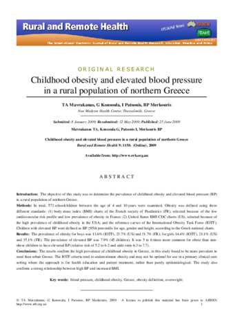Childhood obesity and elevated blood pressure in a rural population of northern Greece thumbnail