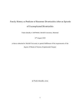 Family history as predictor of recurrent diverticulitis after an episode of uncomplicated diverticulitis thumbnail