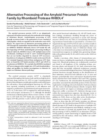 Alternative Processing of the Amyloid Precursor Protein Family by Rhomboid Protease RHBDL4 thumbnail