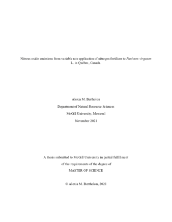 Nitrous oxide emissions from variable rate application of nitrogen fertilizer to Panicum virgatum L. in Québec, Canada. thumbnail