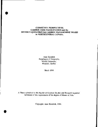 Community perspectives, Caribou user participation and the Beverly-Qamanirjuaq Caribou Management Board in Northcentral Canada thumbnail