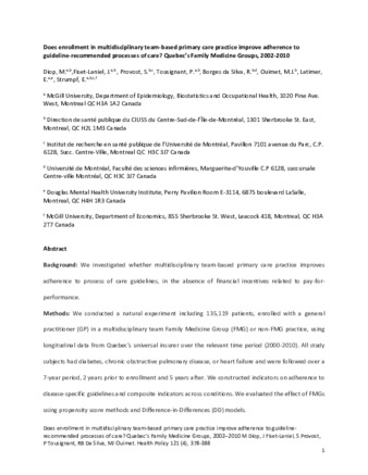 Does enrollment in multidisciplinary team-based primary care practice improve adherence to guideline-recommended processes of care? Quebec's Family Medicine Groups, 2002-2010 thumbnail